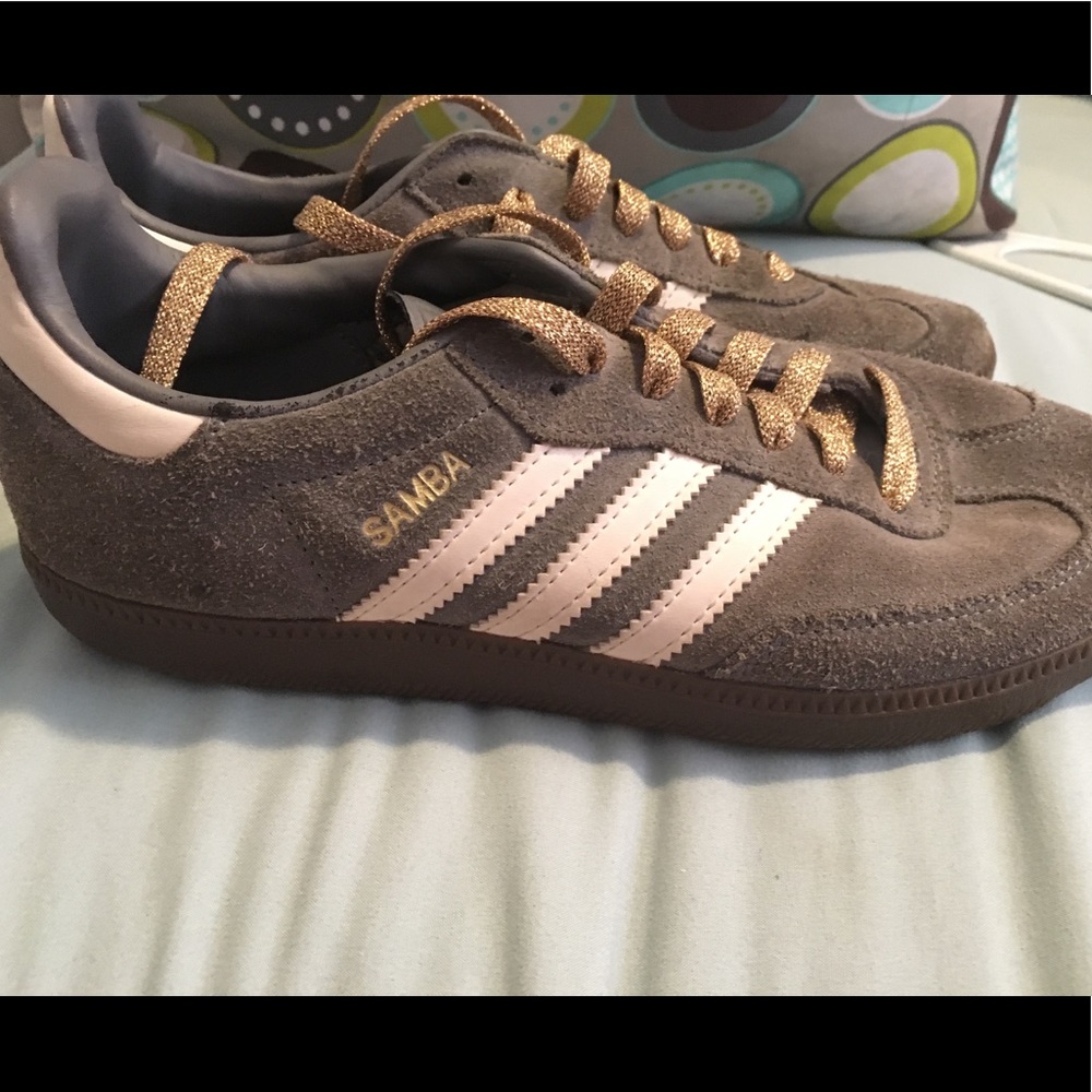 Adidas Sambas Gray/White/Gold sz 7.5 men, 9 women